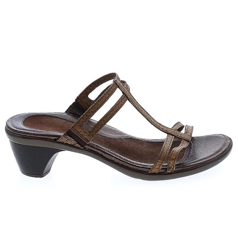 NAOT‎ Loop Heeled Strappy Slide Sandal Brown Leather Sz 42 Office Comfort Dressy